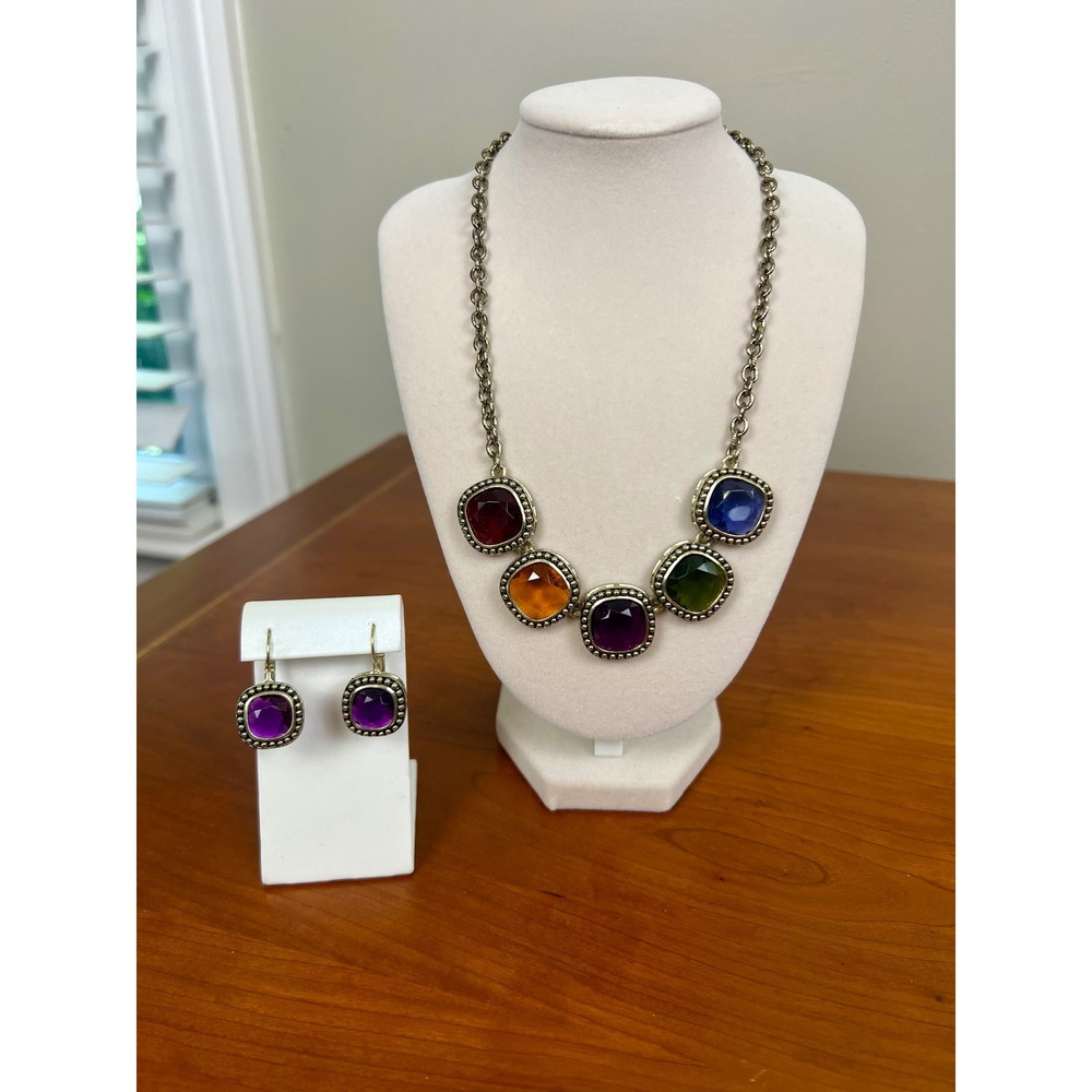 Multicolor Jewel Tone Necklace and Earrings Set Silver Tone Cushion Cut Purple